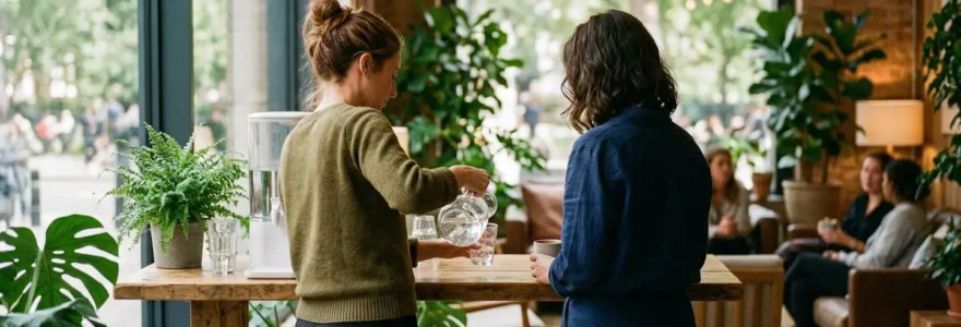 Deux collaborateurs vus de dos dans un espace détente moderne, l'un d'eux remplissant un verre d'eau près d'une fenêtre lumineuse