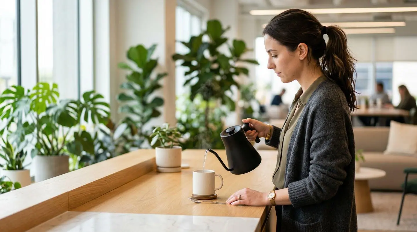 Profil d'une femme préparant une boisson chaude dans un espace de pause moderne avec lumière naturelle