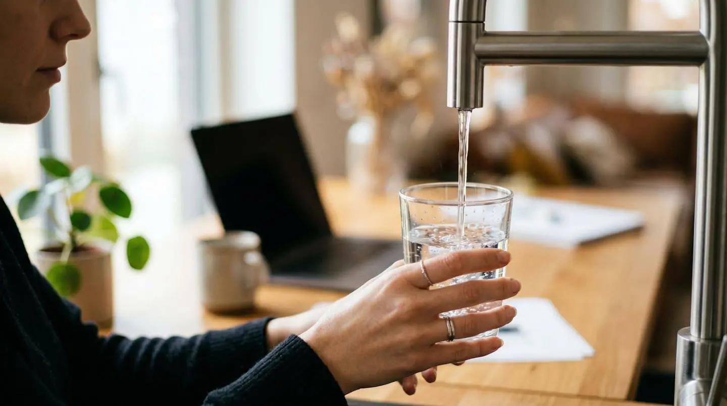 Gros plan sur des mains tenant un verre sous un distributeur d'eau, arrière-plan flouté d'un bureau lumineux