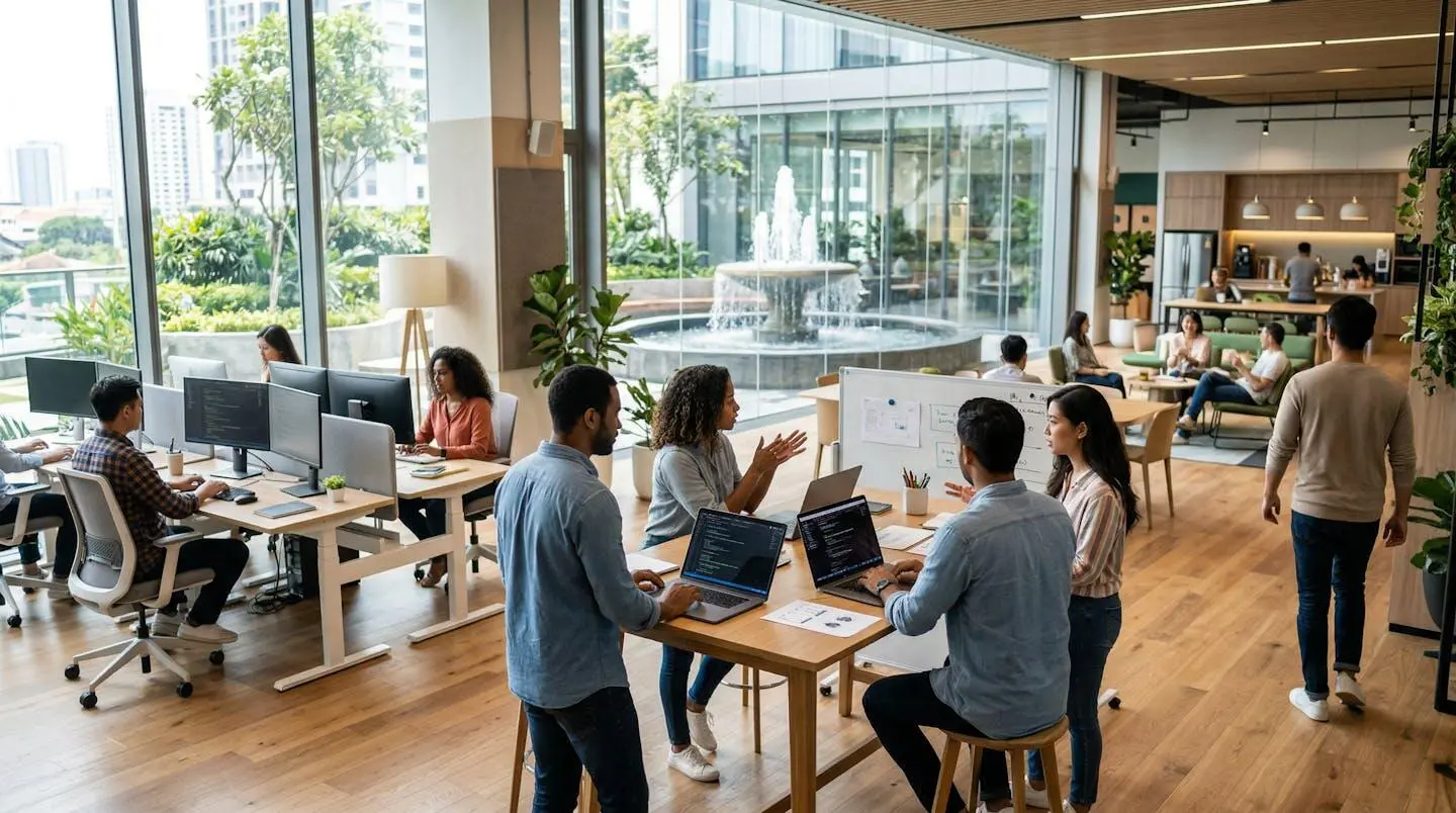 Vue d'ensemble d'un open space lumineux avec bureaux et un espace détente visible en arrière-plan