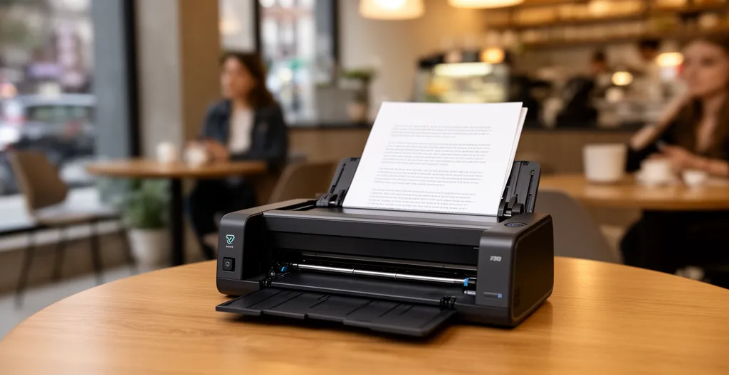 Scanner portable compact sur table de café avec document en cours de numérisation