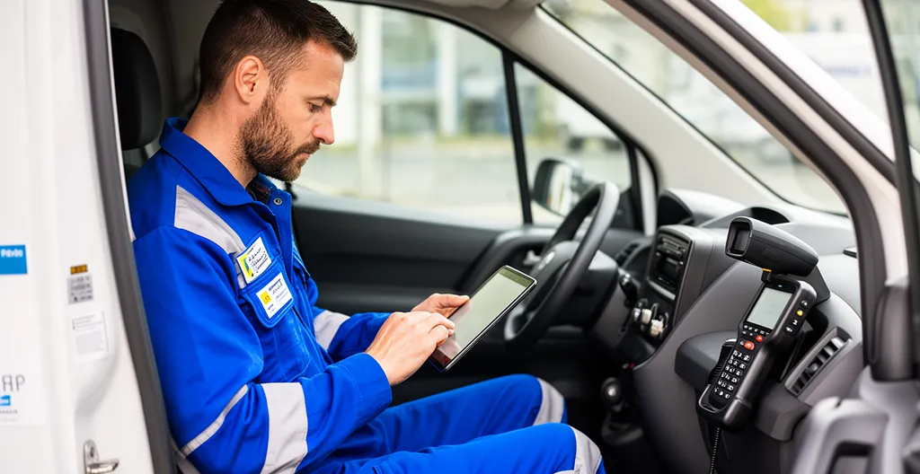 Technicien consultant tablette à côté de son scanner dans véhicule utilitaire