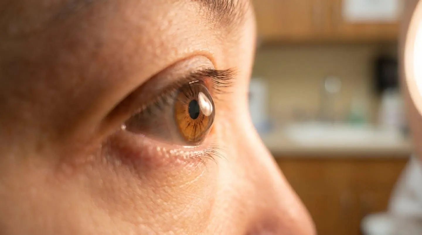 Gros plan sur l'œil d'une personne adulte dont la cornée présente une déformation conique caractéristique du kératocône, fond lumineux médical doux