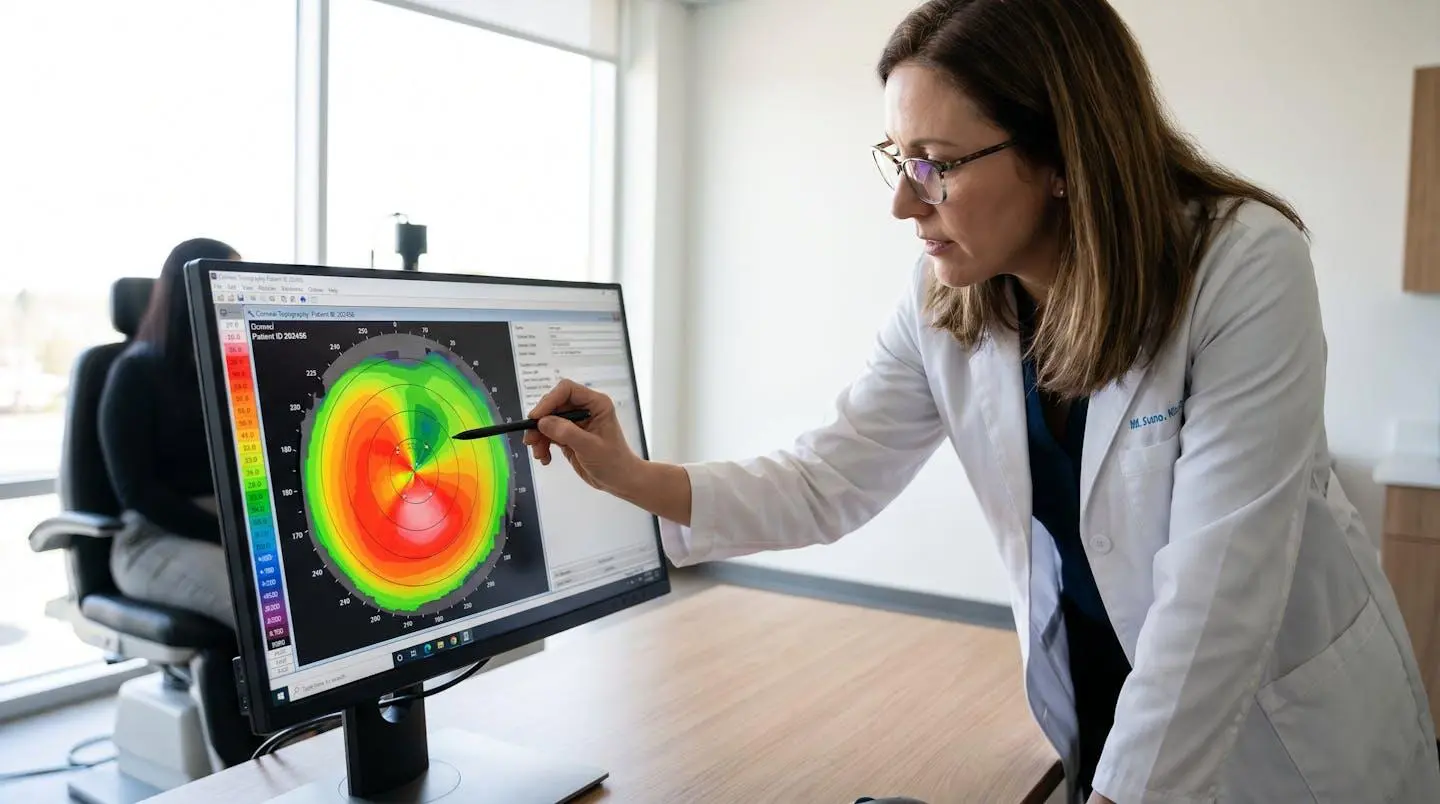 Un opticien-contactologue spécialisé examine la topographie cornéenne d'un patient sur écran pour adapter des lentilles sur mesure kératocône