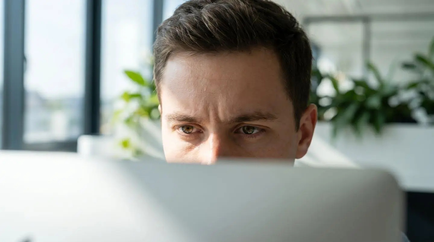 Personne adulte au bureau regardant un écran d'ordinateur avec aisance visuelle grâce à des lentilles de contact sclérales pour kératocône