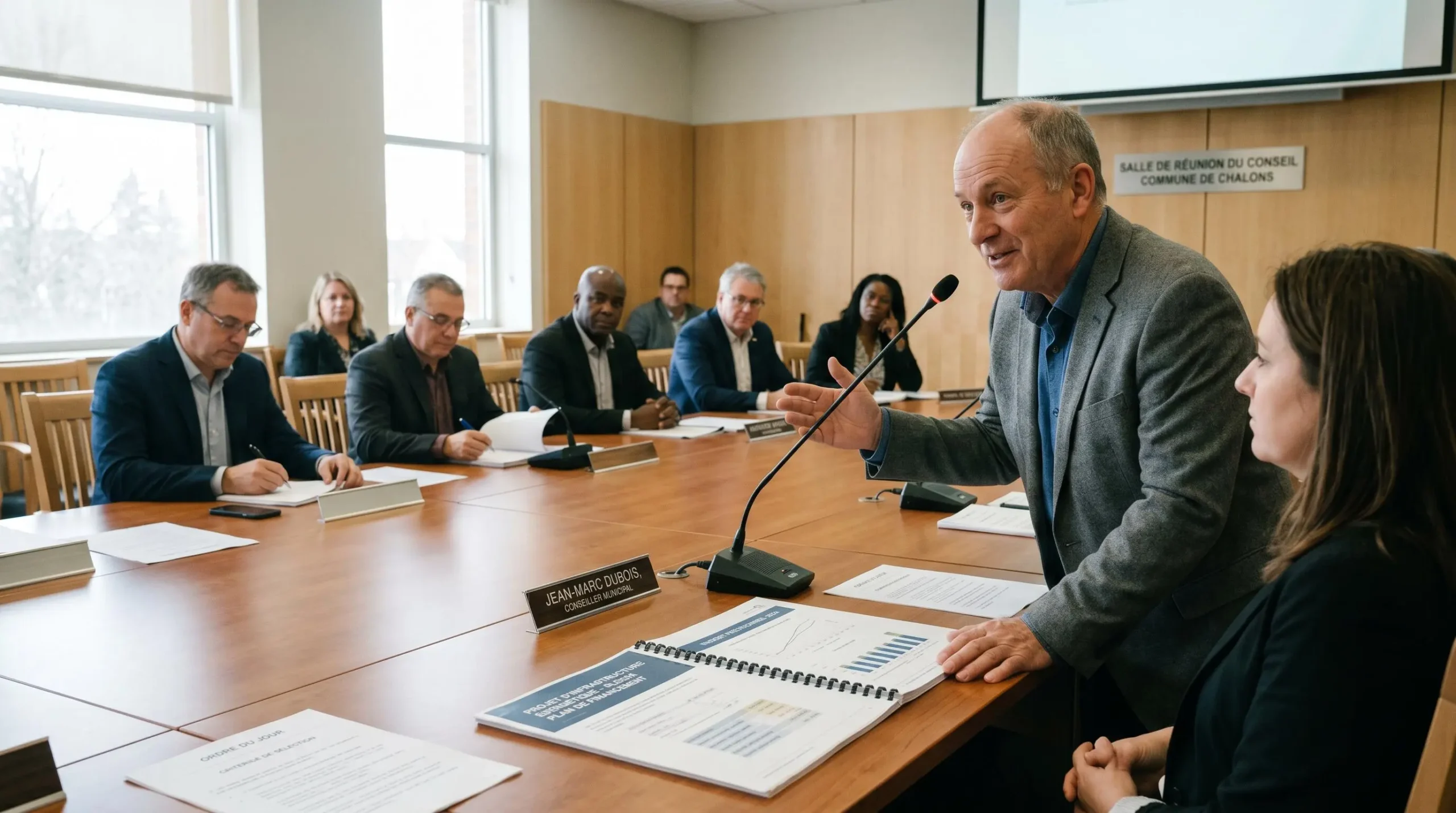 Élu municipal présentant un projet d'installation énergétique lors d'une session du conseil municipal avec documents budgétaires