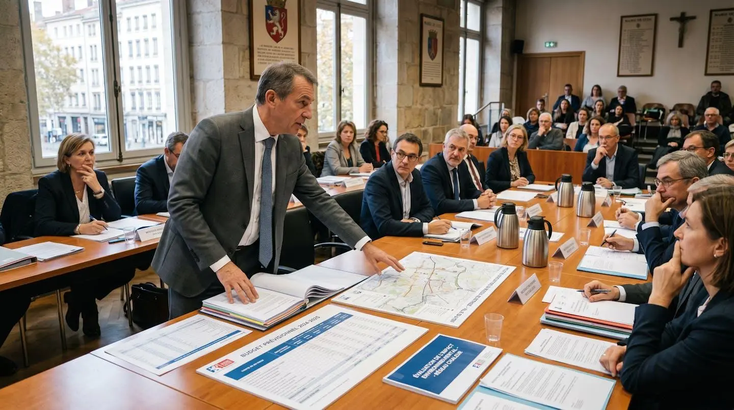 Élu municipal présentant un projet d'installation énergétique lors d'une session du conseil municipal avec documents budgétaires