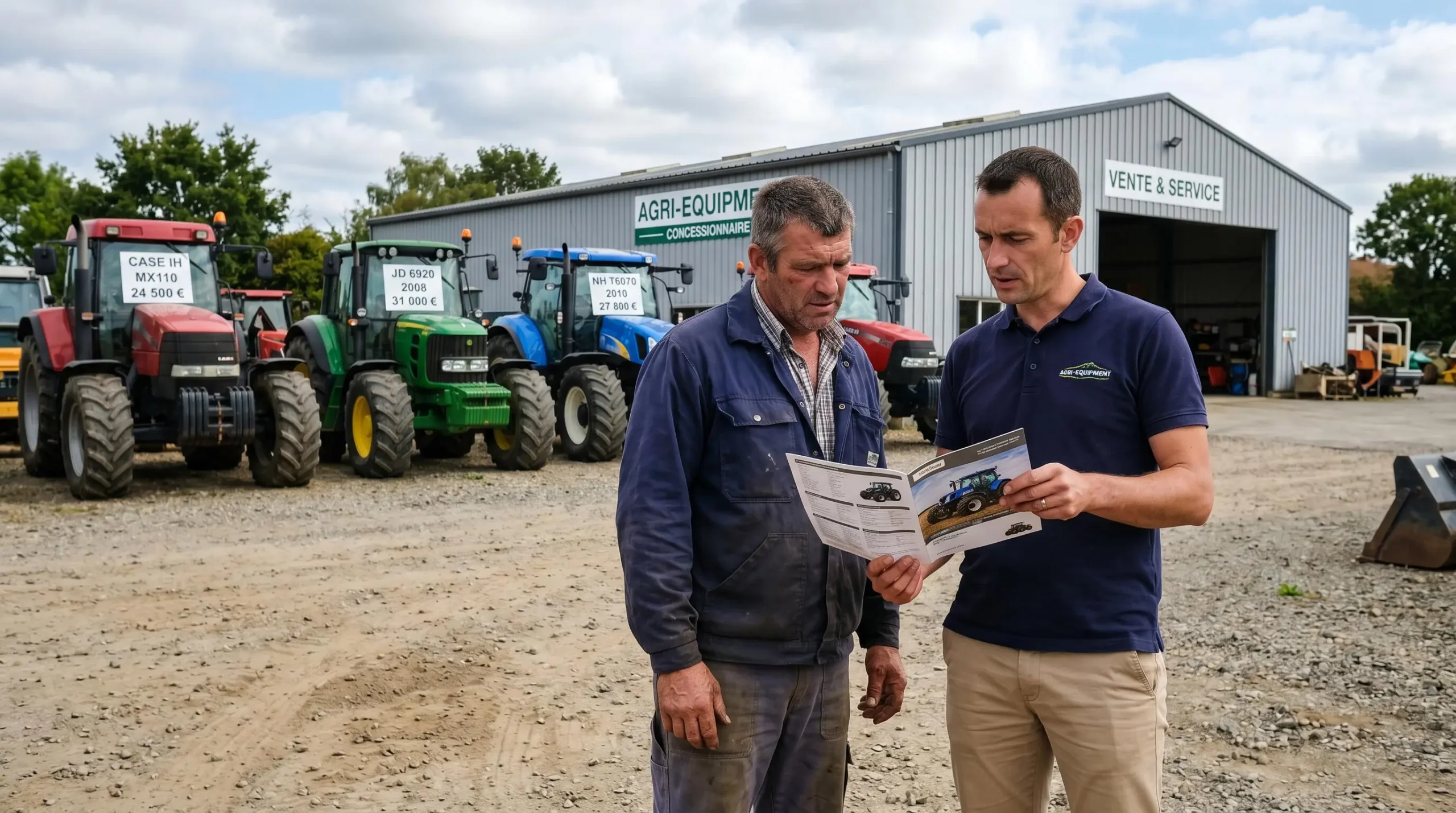 Exploitant agricole et vendeur de concession en discussion devant une rangée de tracteurs d'occasion de différentes marques exposés sur le site d'une concession de matériel agricole
