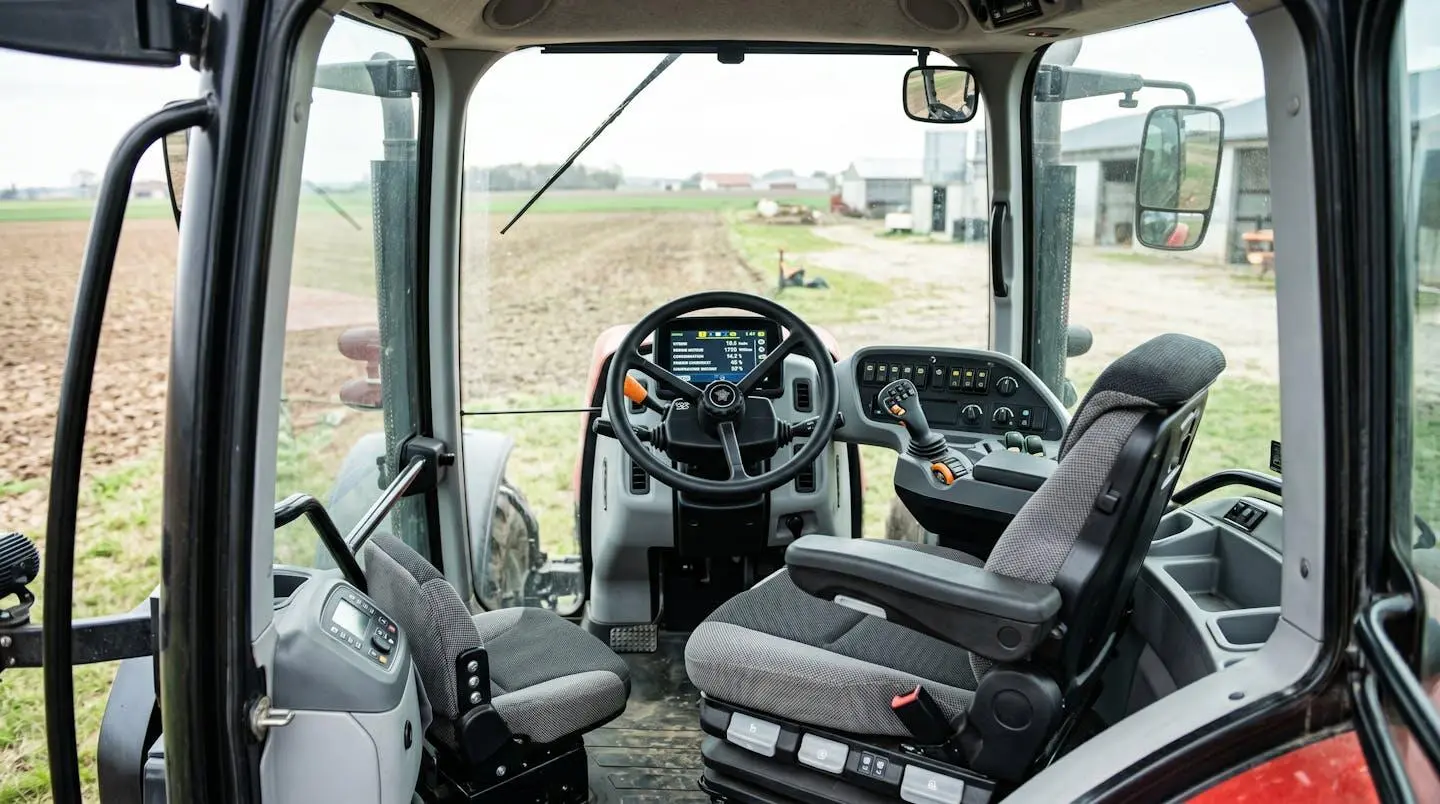 Intérieur de cabine de tracteur moderne montrant le siège conducteur ergonomique, le volant, l'écran tactile de contrôle et le joystick de commande hydraulique