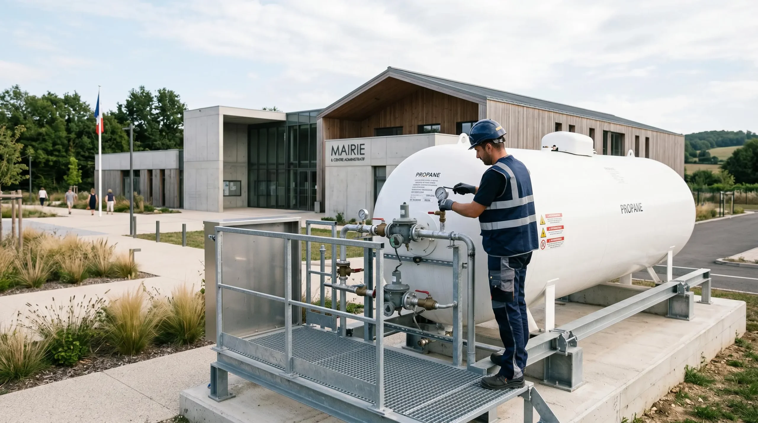 Technicien professionnel en gilet de sécurité inspectant une citerne de gaz propane blanche installée près d'un bâtiment municipal moderne