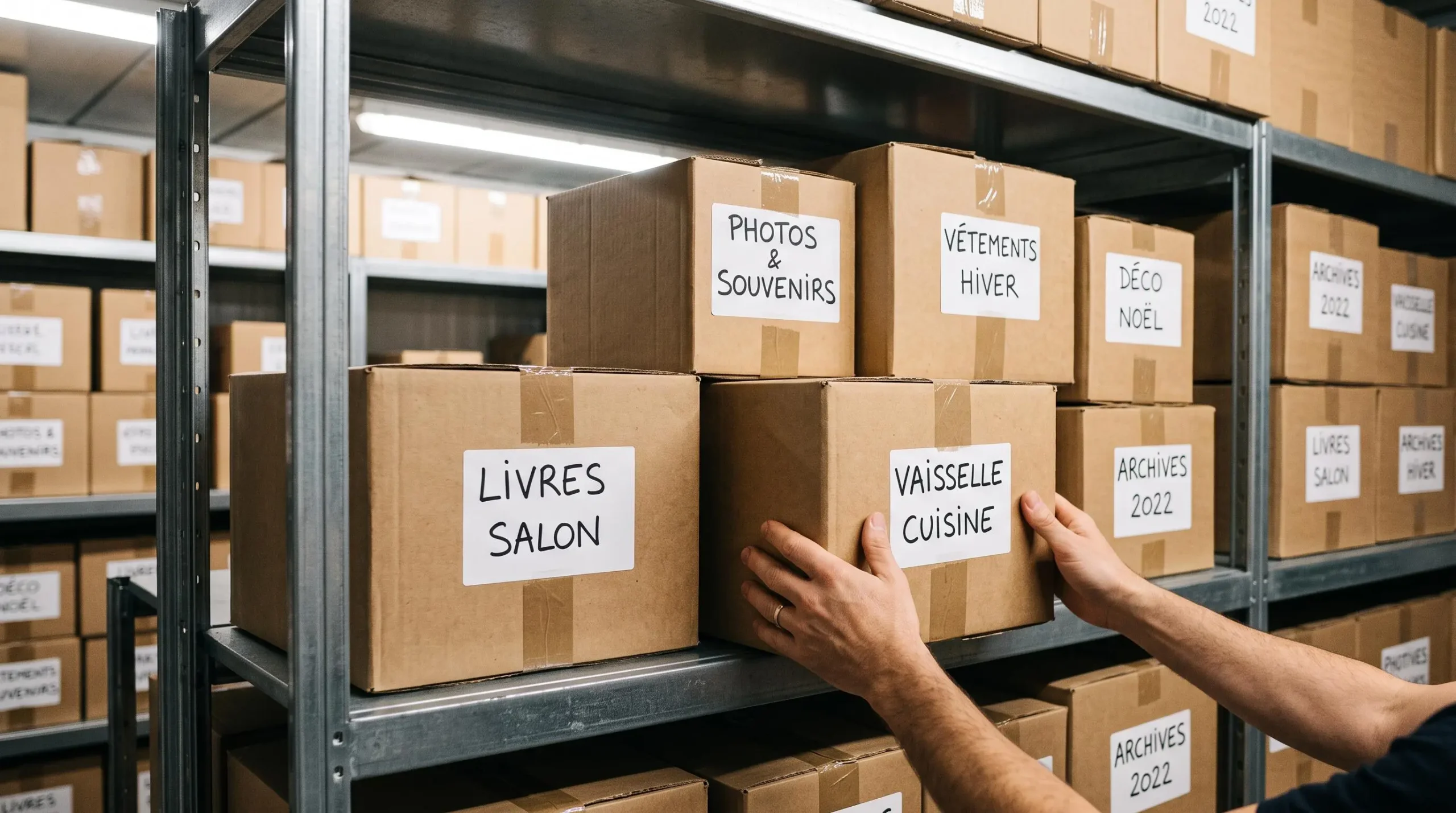 Cartons étiquetés et empilés de manière optimisée sur des étagères métalliques dans un box de stockage