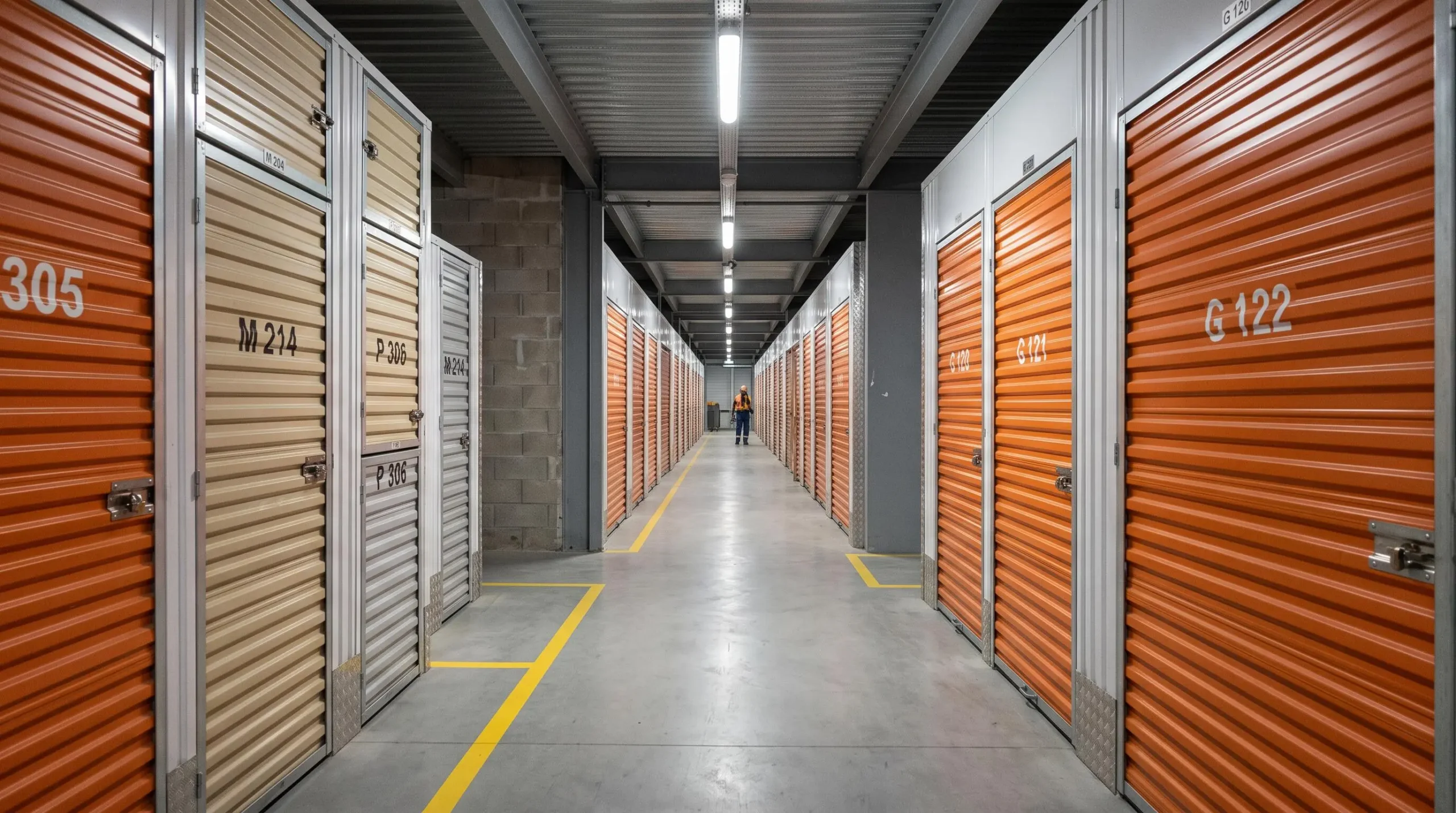 Couloir intérieur d'une installation de garde-meuble montrant différentes tailles de boxes de stockage