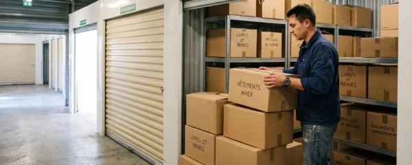 Personne organisant des cartons dans un box de self-stockage pour optimiser l'espace disponible