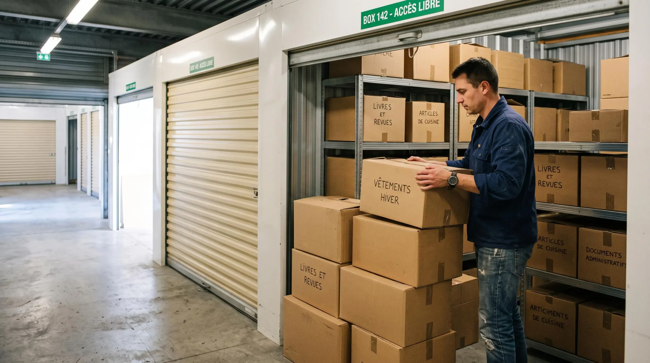 Personne organisant des cartons dans un box de self-stockage pour optimiser l'espace disponible
