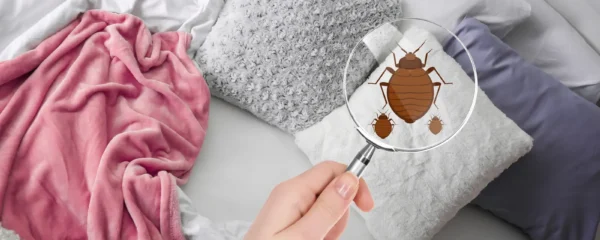 Un couple inspectant le matelas et le cadre de lit avec une lampe torche lors d'une visite d'appartement.